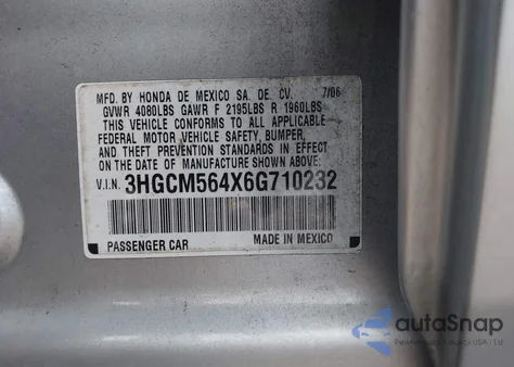 2006 Honda Accord 2.4 Lx from USA, damaged, VIN 3HGCM564X6G710232